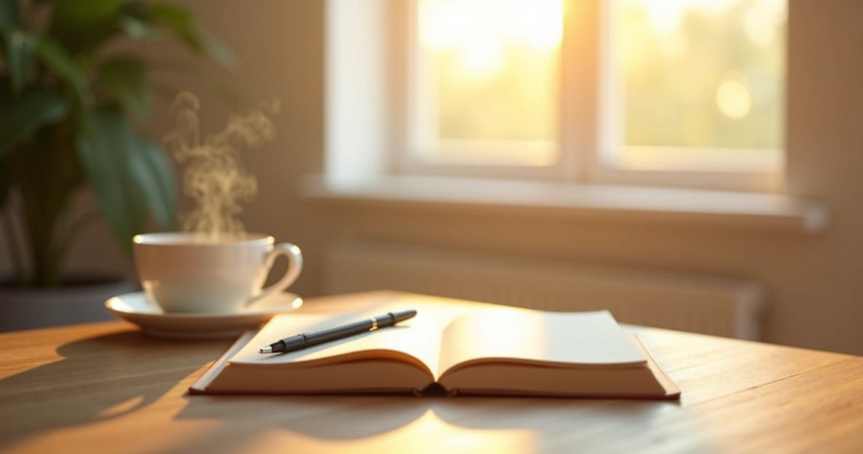 Notebook and tea by a bright window at sunrise