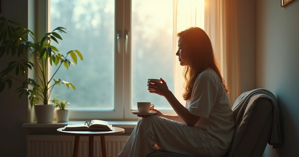 Person sitting by a morning window with a cup and notebook