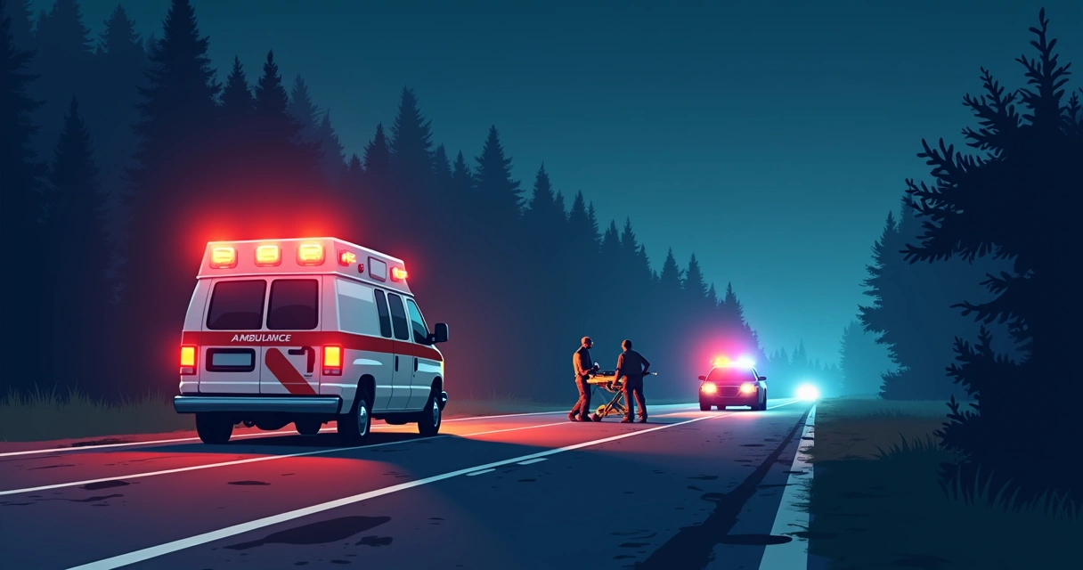 Ambulância sobre estrada com marcações de acidente grave após colisão, cenário noturno 