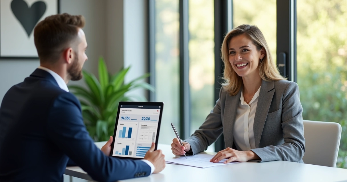 Client meeting mortgage advisor for loan qualification 