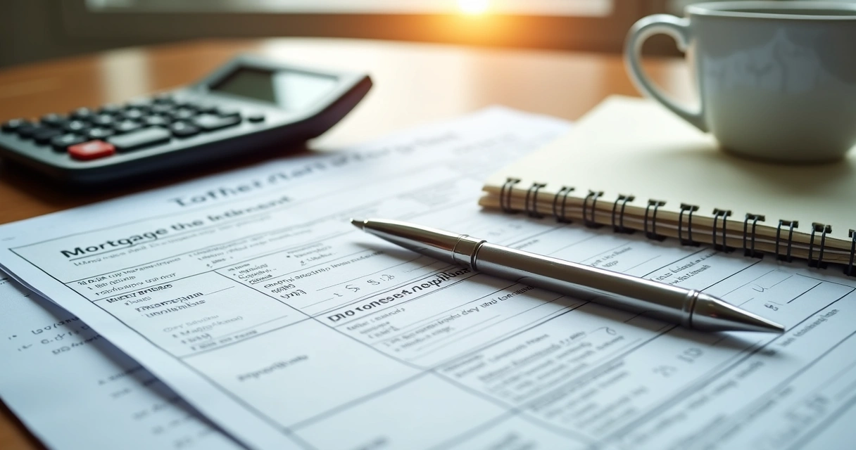Mortgage application papers and calculator on desk 