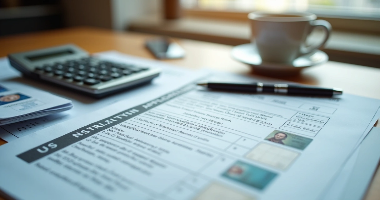 Stack of mortgage application documents on a desk with pen and calculator
