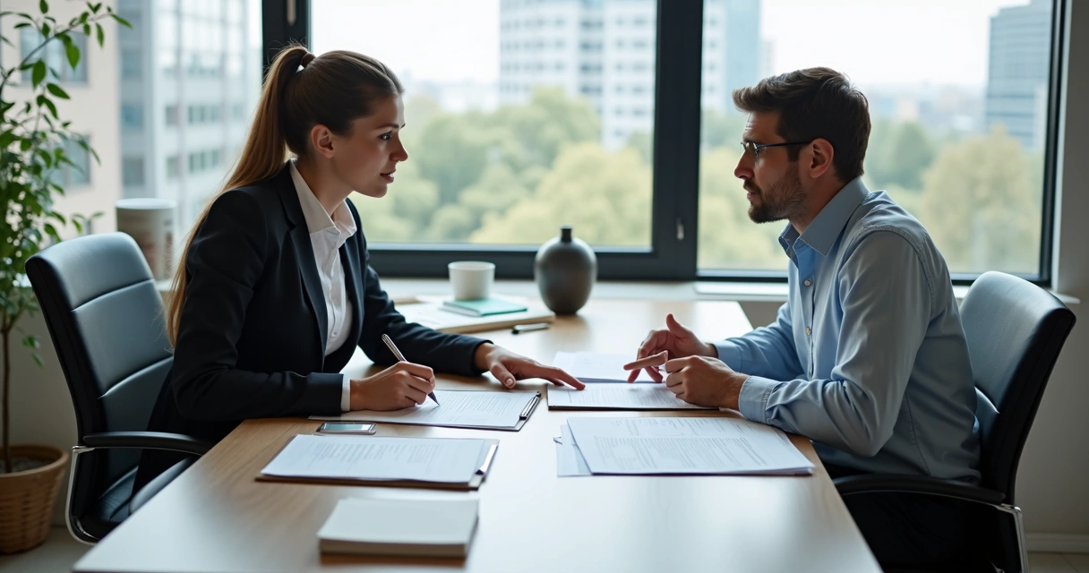 Mortgage advisor meeting with client surrounded by application forms 