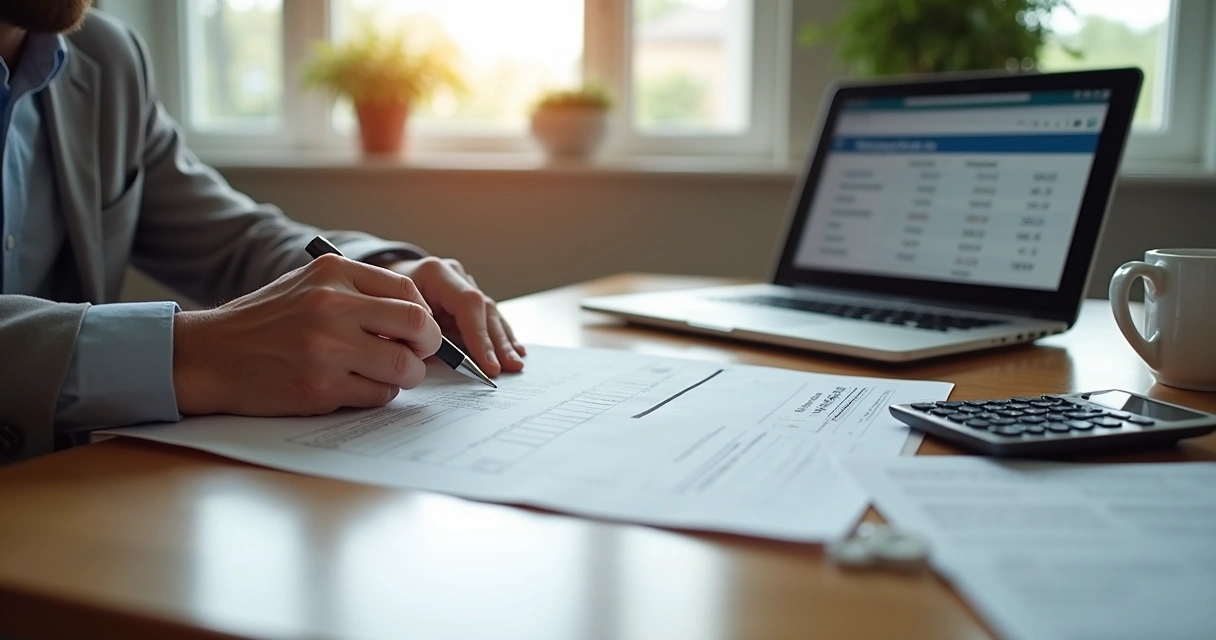 Person filling out mortgage application form with documents and calculator on desk 