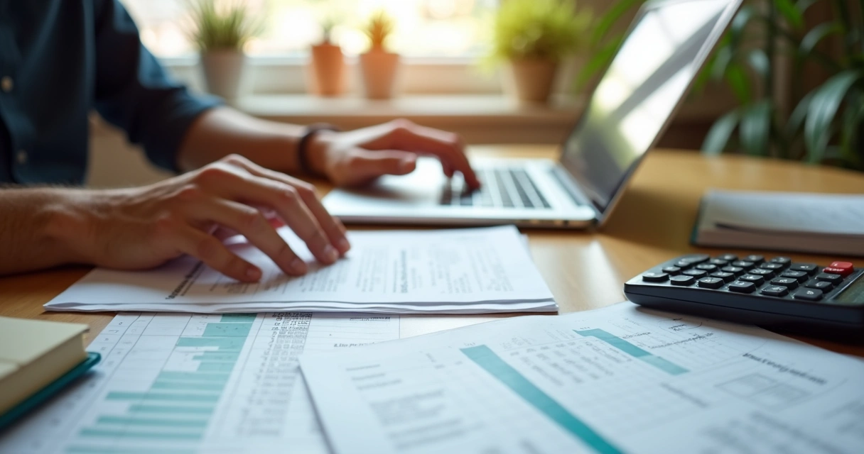 Person reviewing mortgage refinance papers with calculator and laptop 