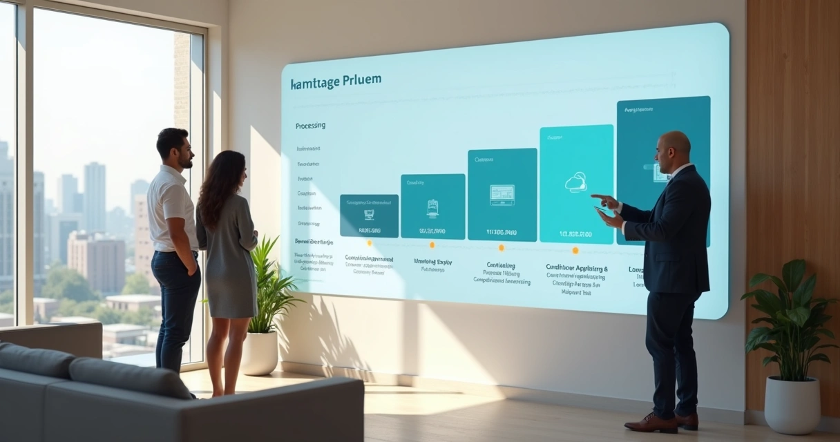 Homebuyers viewing mortgage timeline on large digital dashboard 