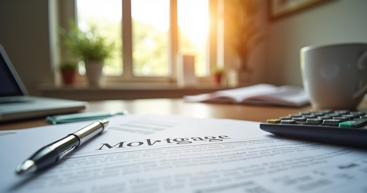Mortgage application document and calculator on a neat wooden desk 