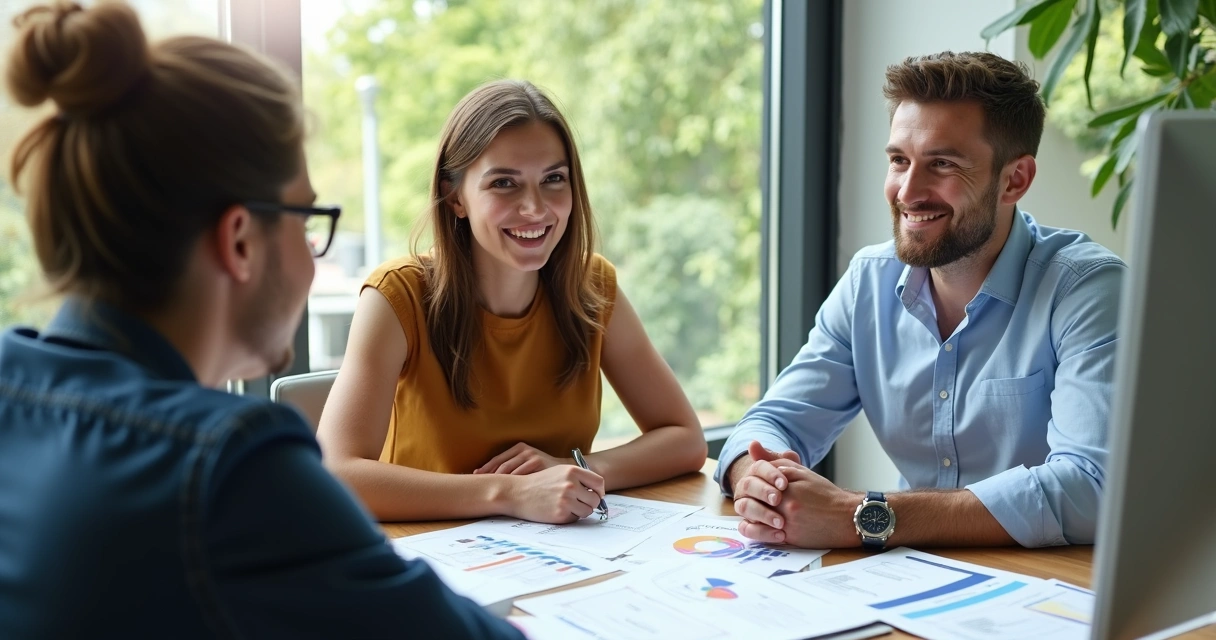 Mortgage broker reviewing options with young homebuyers at a desk 