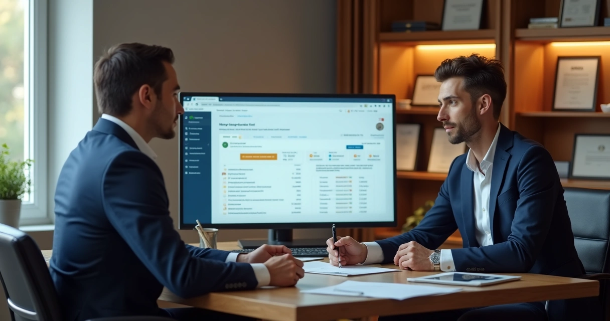 Mortgage broker discussing loan options with a client at a desk 