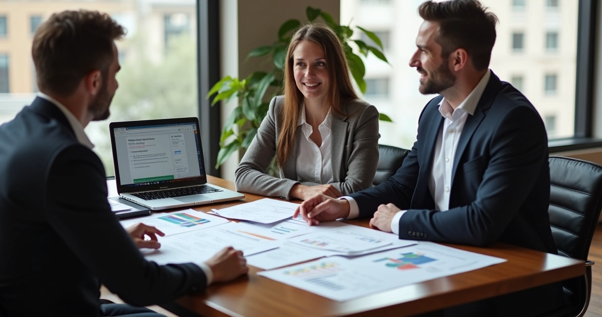 Mortgage broker meeting with clients discussing mortgage options