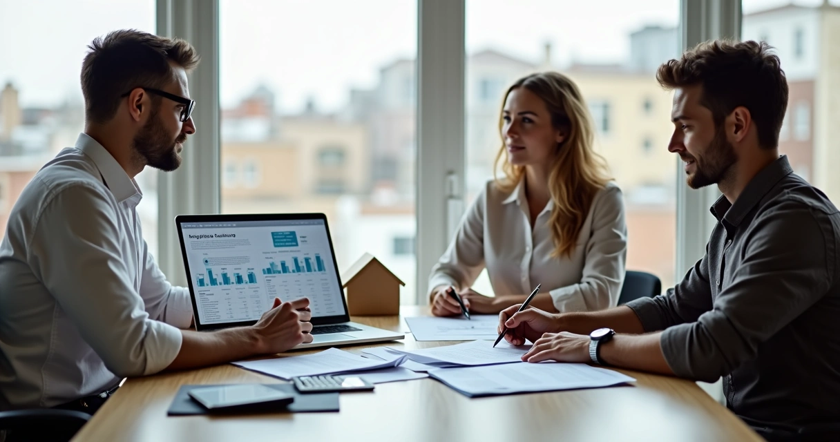 Mortgage broker reviewing loan options with homebuyers at a desk 