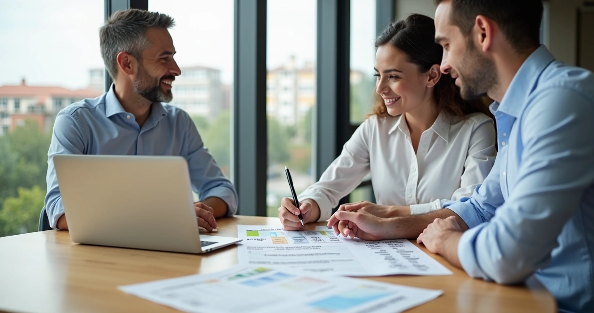 Couple meeting with mortgage broker while comparing bank home loan options on laptop 