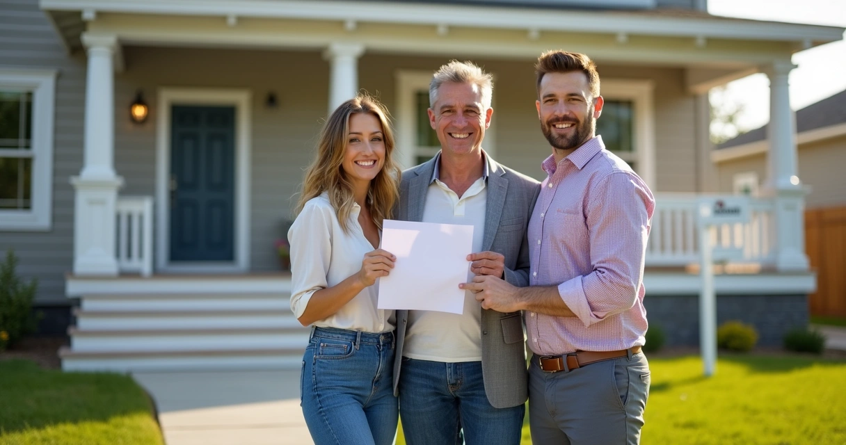 New homeowners celebrating their mortgage closing in front of their house 
