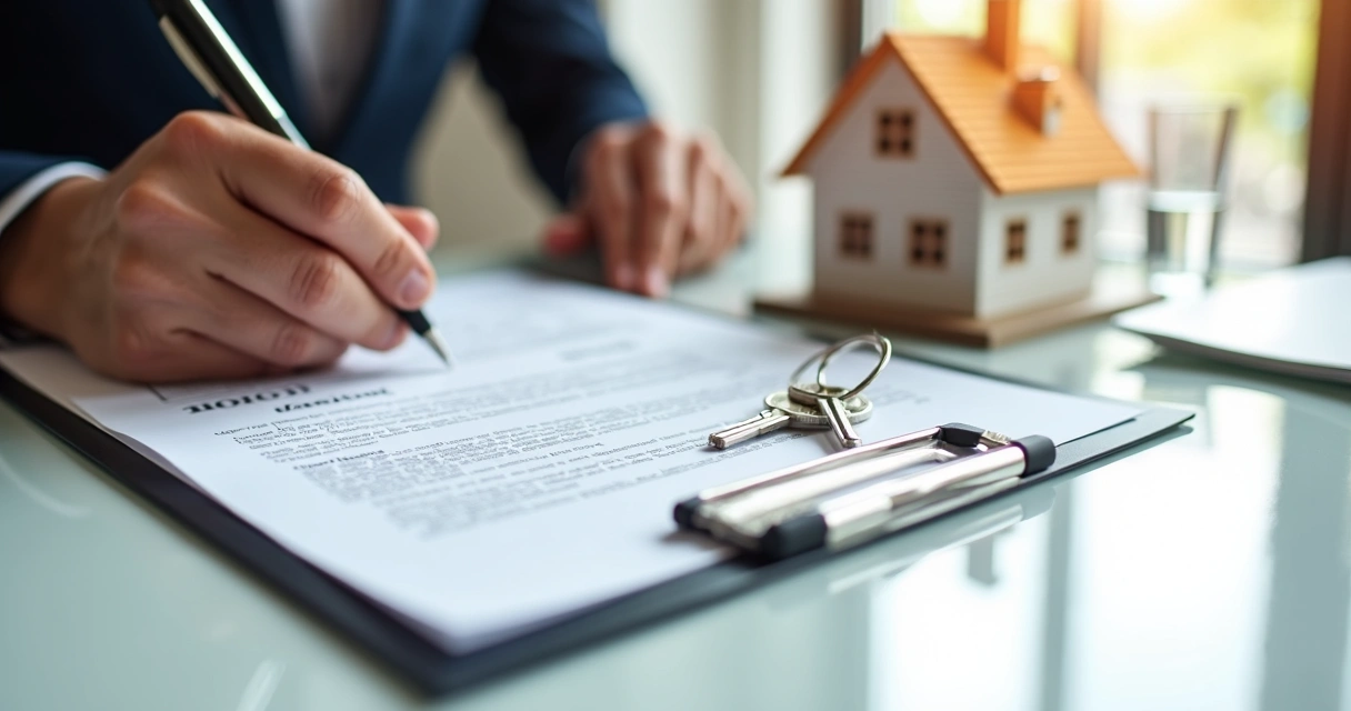 Person signing mortgage closing documents with keys and a small house model on the table. 
