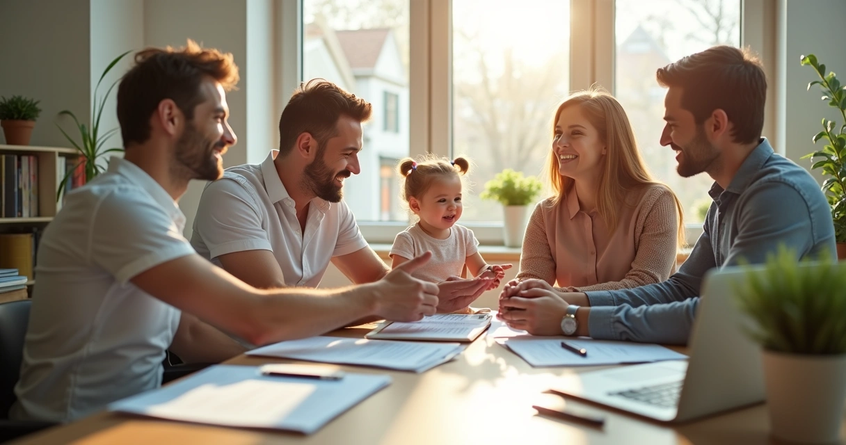 Young family meeting with mortgage advisor in bright office 