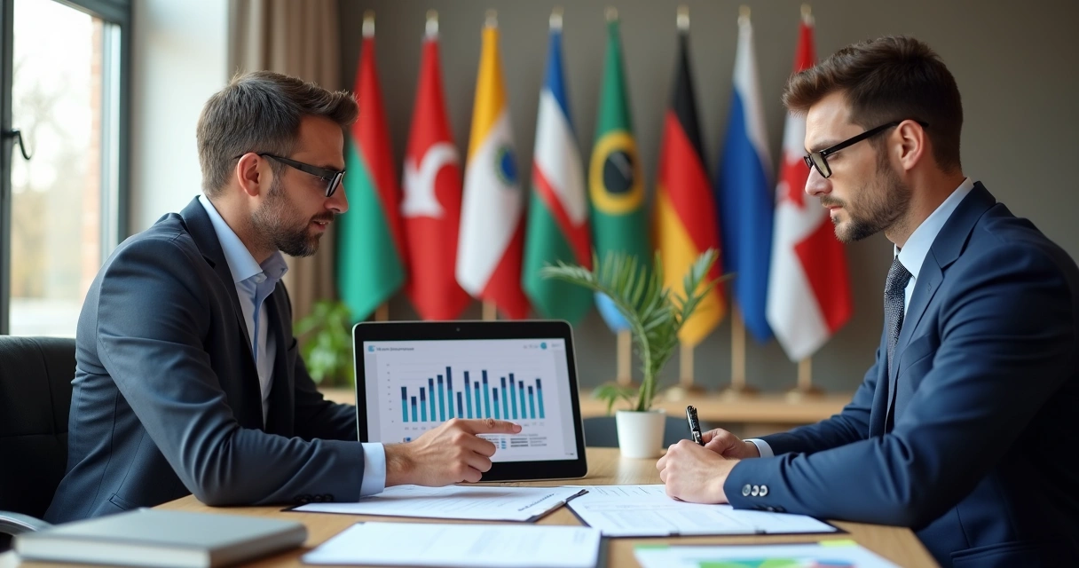 Mortgage advisor consulting international client with charts and documents 