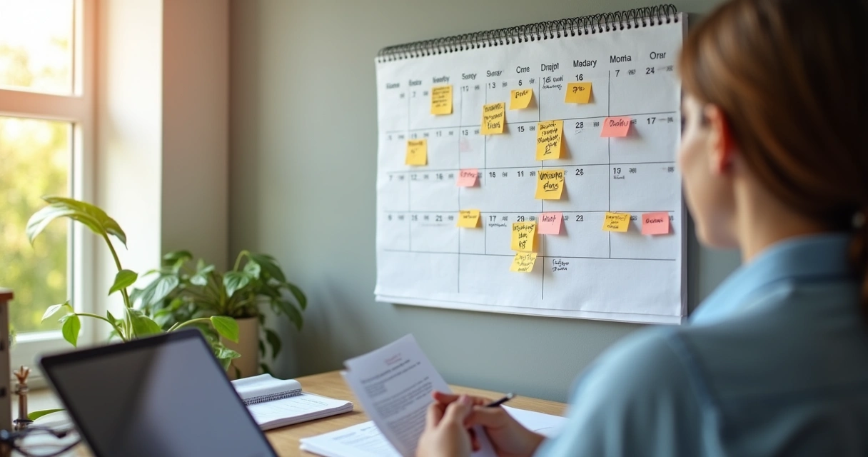 Person reviewing documents and looking at a calendar to plan mortgage application after bankruptcy 