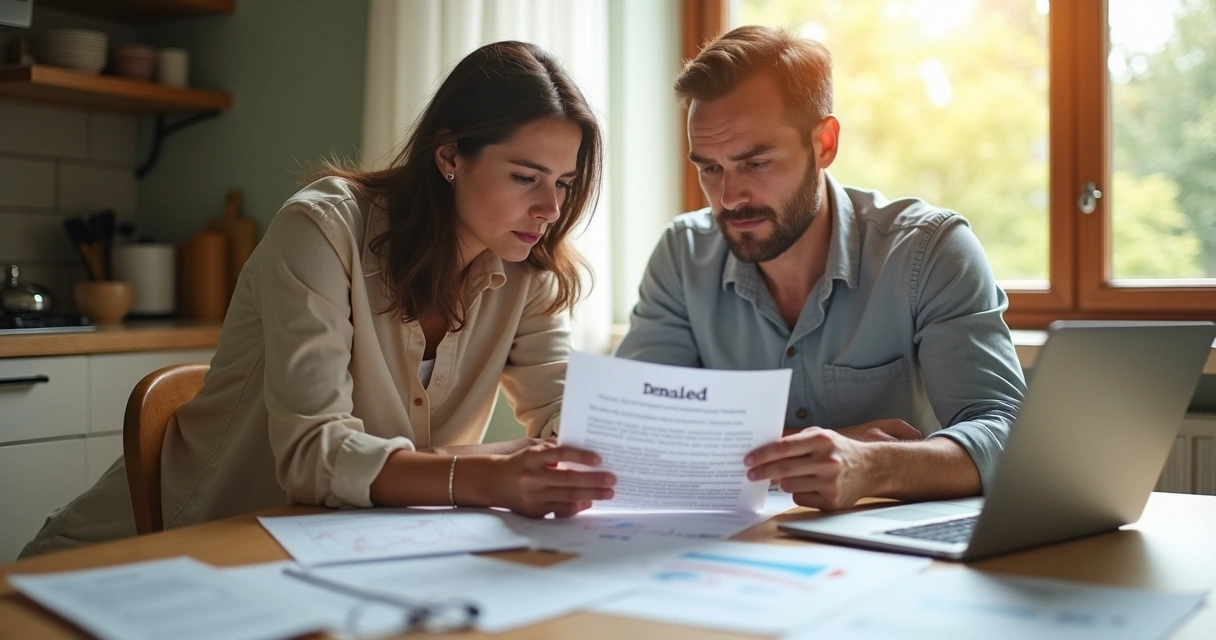 Couple sitting at kitchen table looking at denied mortgage letter 