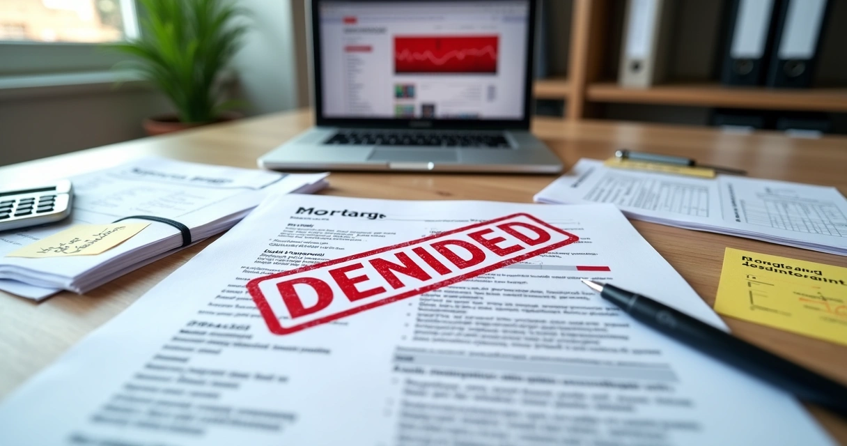 Mortgage application stamped denied on cluttered desk with financial documents 