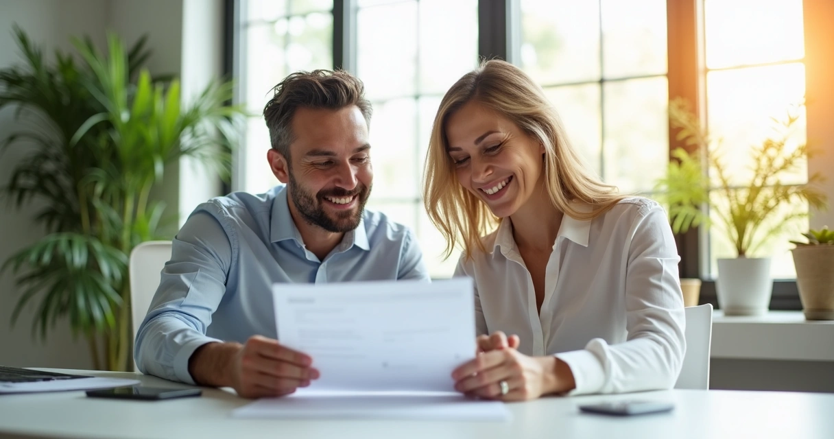 Mortgage specialist discussing approval documents with client in bright Florida office 