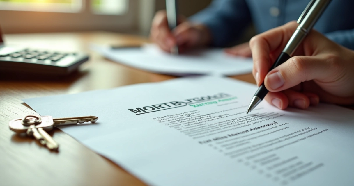 Mortgage documents, calculator, and keys on a wooden desk 