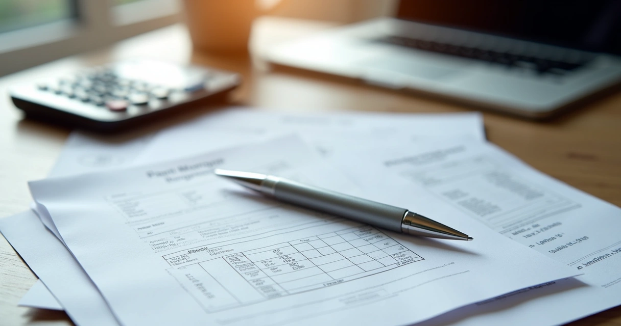 Mortgage documents on desk with pen and calculator 