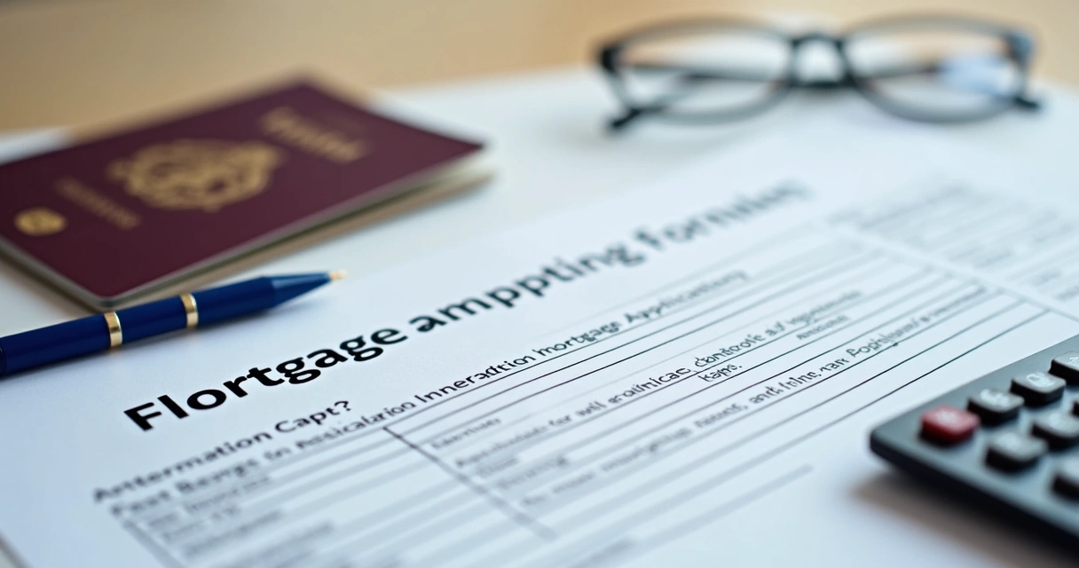 Assorted mortgage application documents on a table next to passport and calculator 