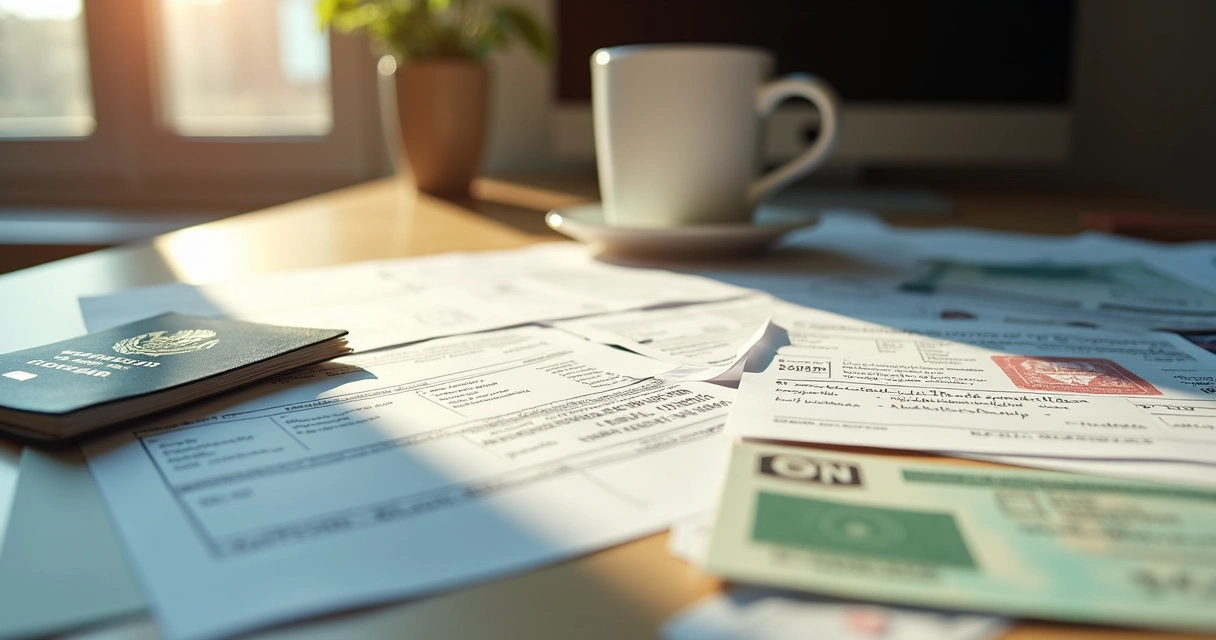 Documents and forms on a desk with a passport, W-2, and bank statements 