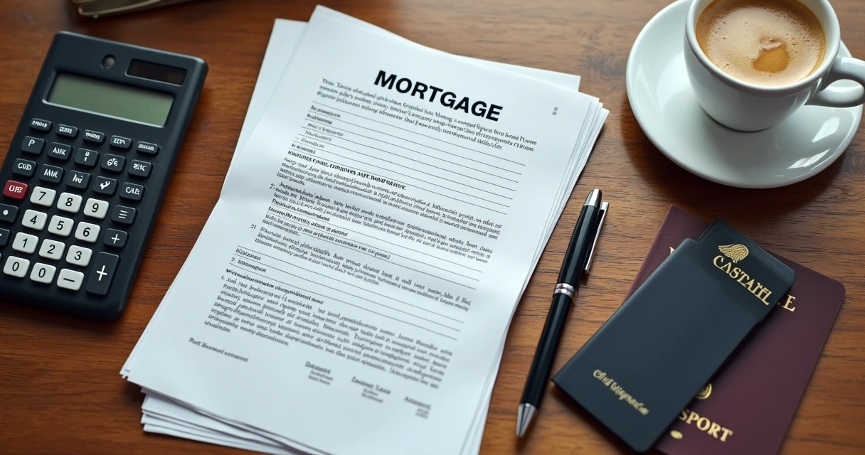 Mortgage documents, passport, calculator, pen