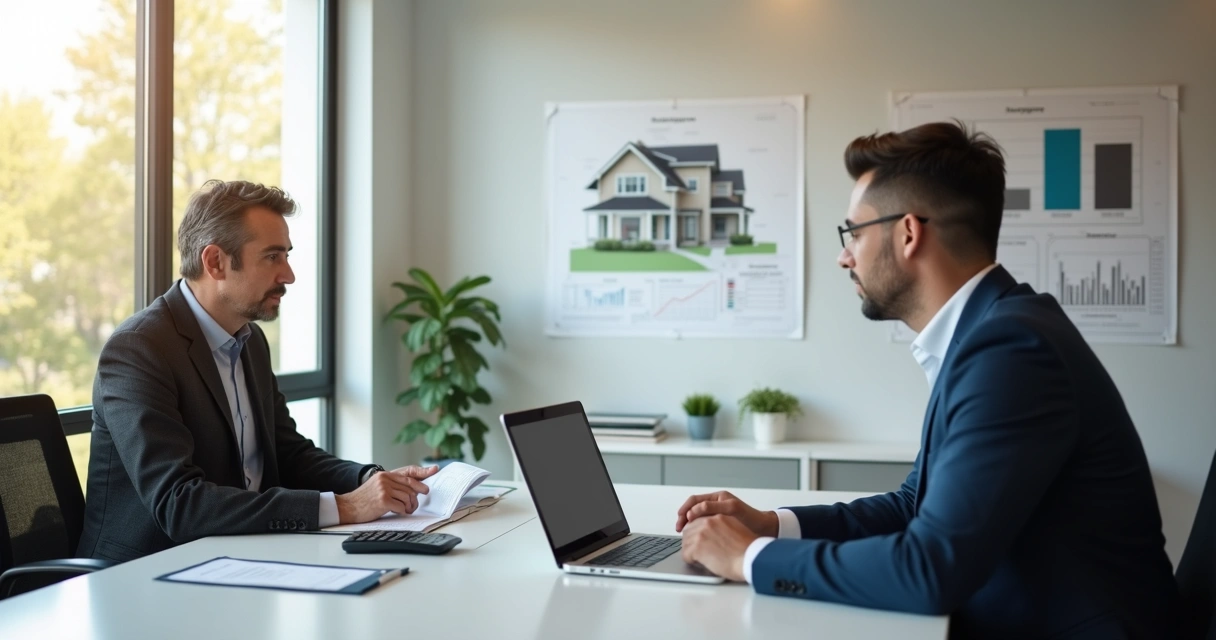 Mortgage borrower consulting with a lender in a modern office setting with documents and laptop 