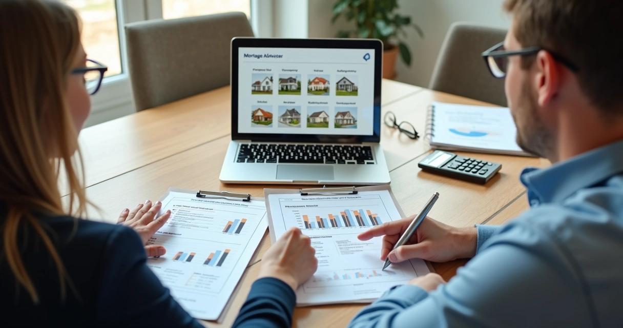 Loan advisor reviewing mortgage options with homebuyers 