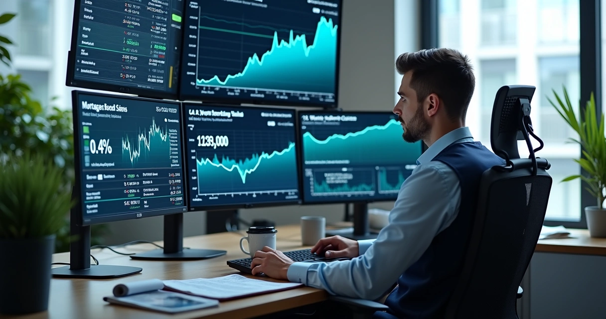 Financial analyst reviewing mortgage rate charts with CPI and jobless claims data on multiple screens 