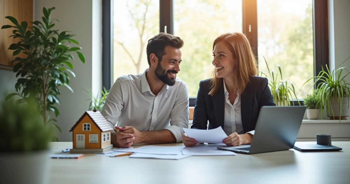 Two people discussing home loan options at a tidy office table 
