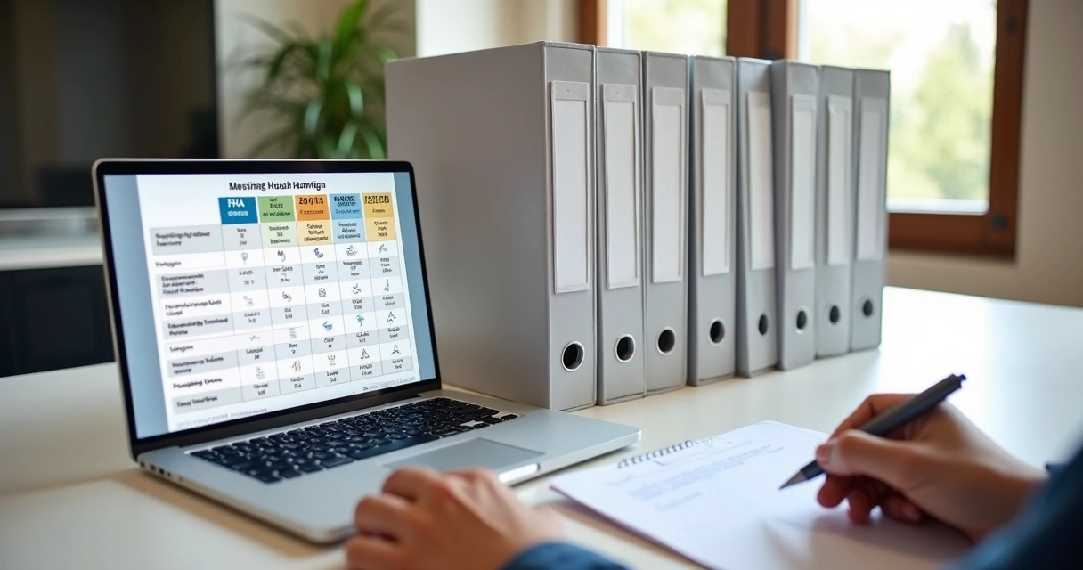 Selection of mortgage program folders and paperwork on a desk 