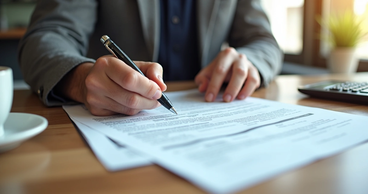 Close-up of hands reviewing mortgage documents on a table 