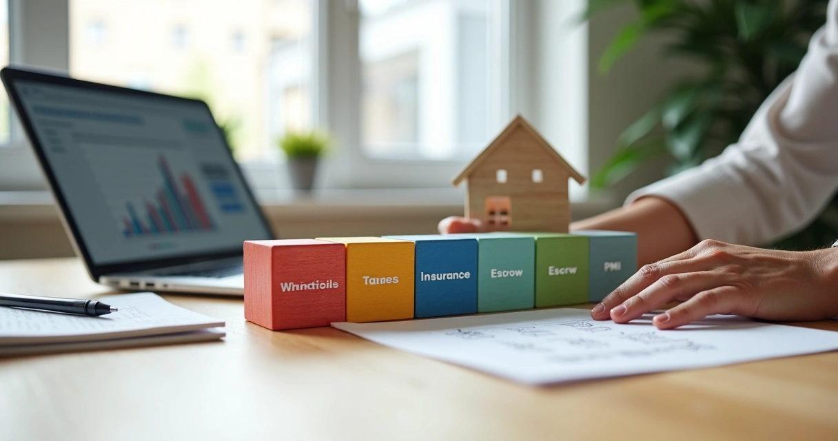 Hands arranging colored blocks labeled with monthly mortgage payment parts on desk 
