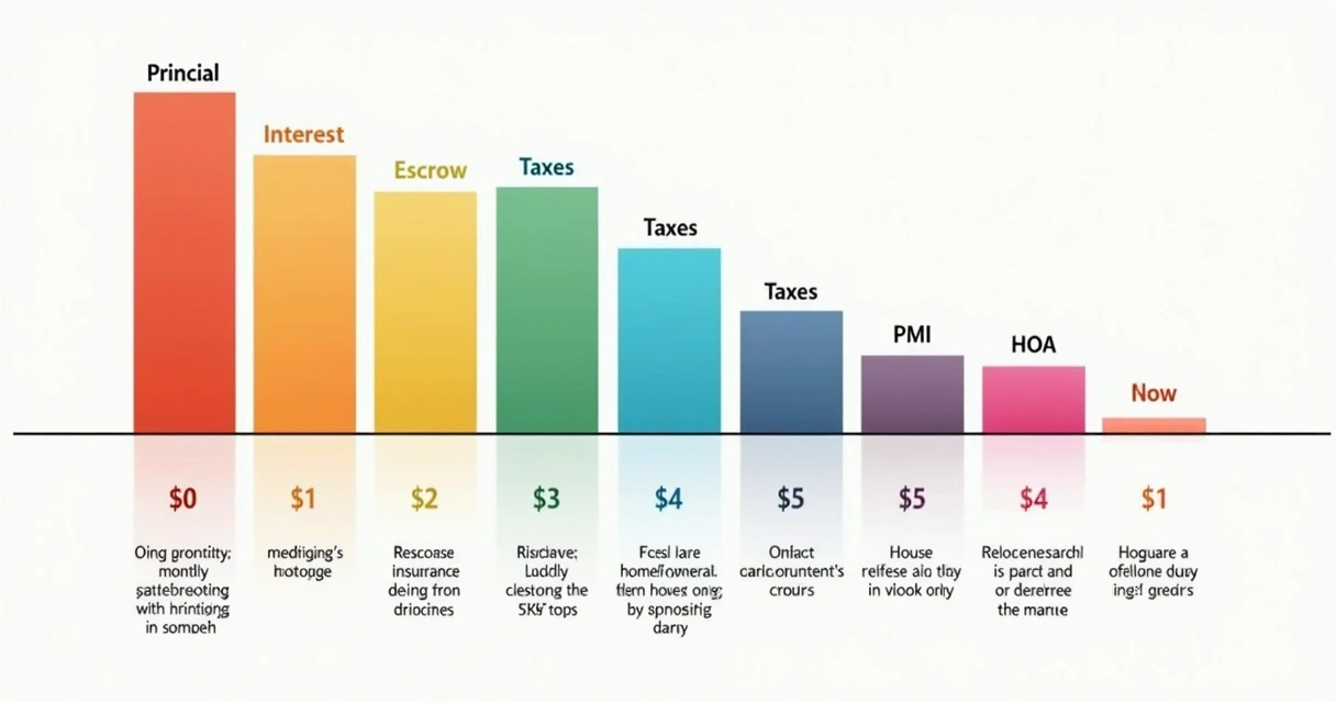 Diagram showing mortgage payment breakdown with labeled sections for principal, interest, escrow, taxes, insurance, PMI, HOA 