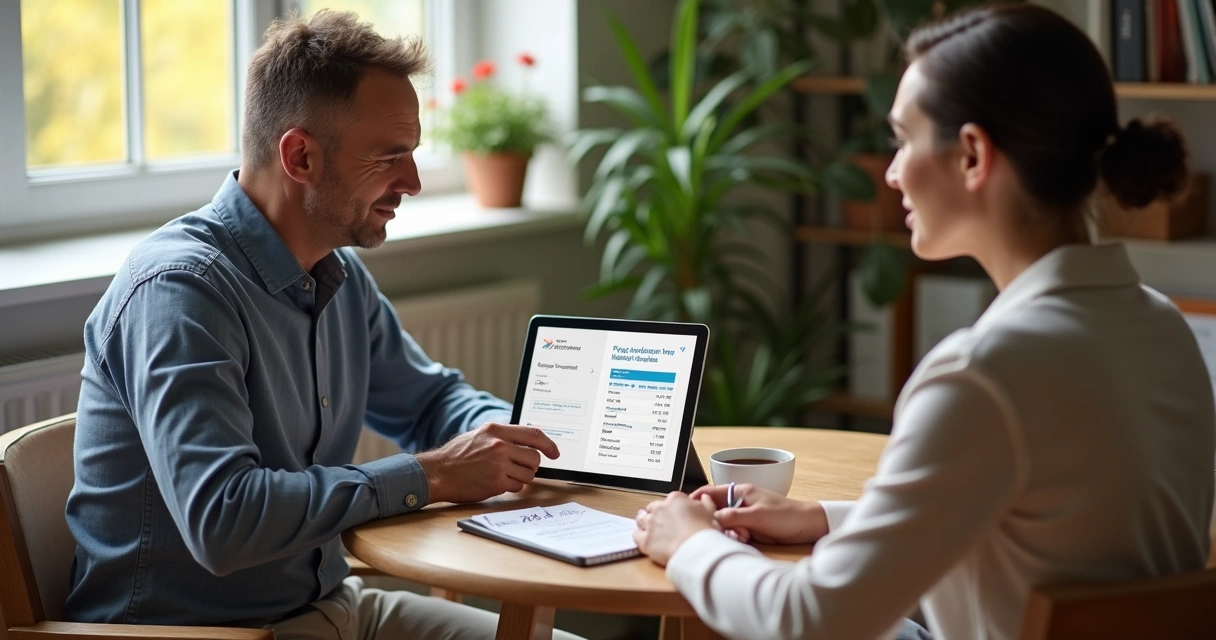 Home buyer discussing mortgage pre-qualification with advisor in office 