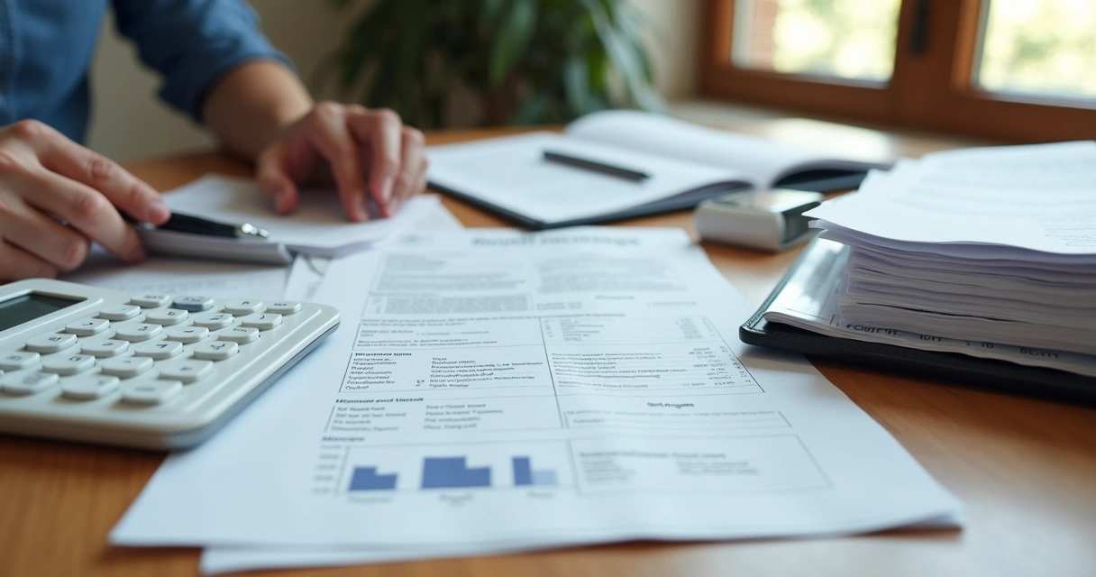 Mortgage documents and calculator on a desk with hands reviewing them. 