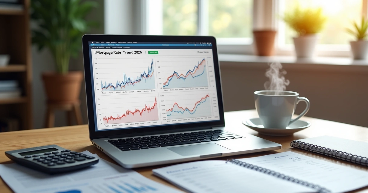 Close-up of finance charts showing mortgage rates trends on a laptop screen with a calculator, coffee cup, and documents on a wooden desk 