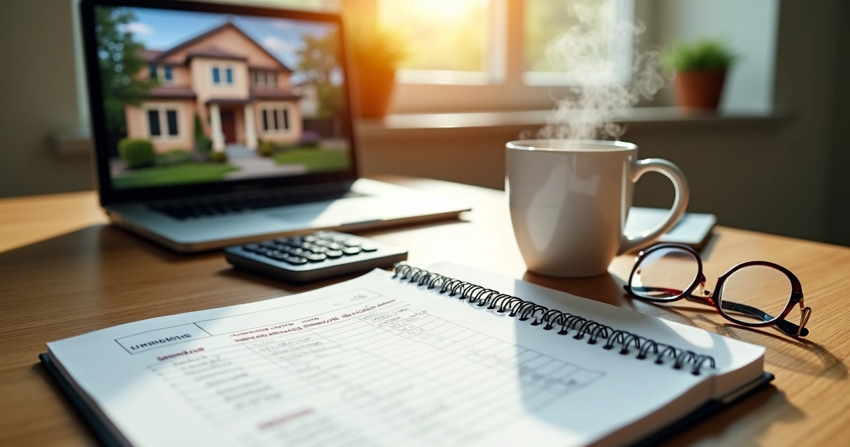 Notebook with mortgage planning notes and coffee cup next to a digital calculator 
