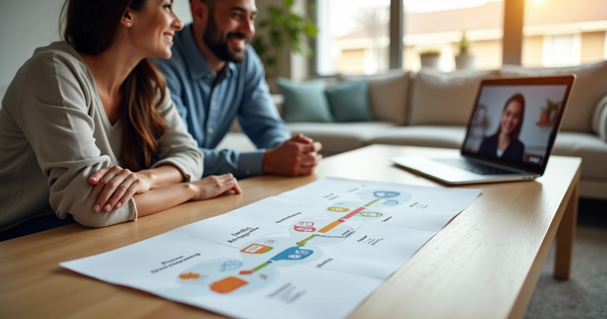 Homebuyer couple viewing mortgage timeline roadmap in modern living room 