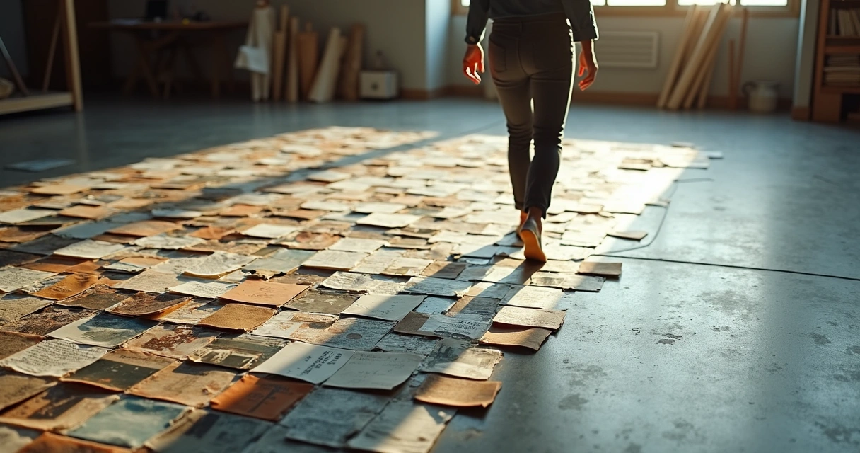 Colorful mosaic of scattered memories forming a human silhouette on a path 