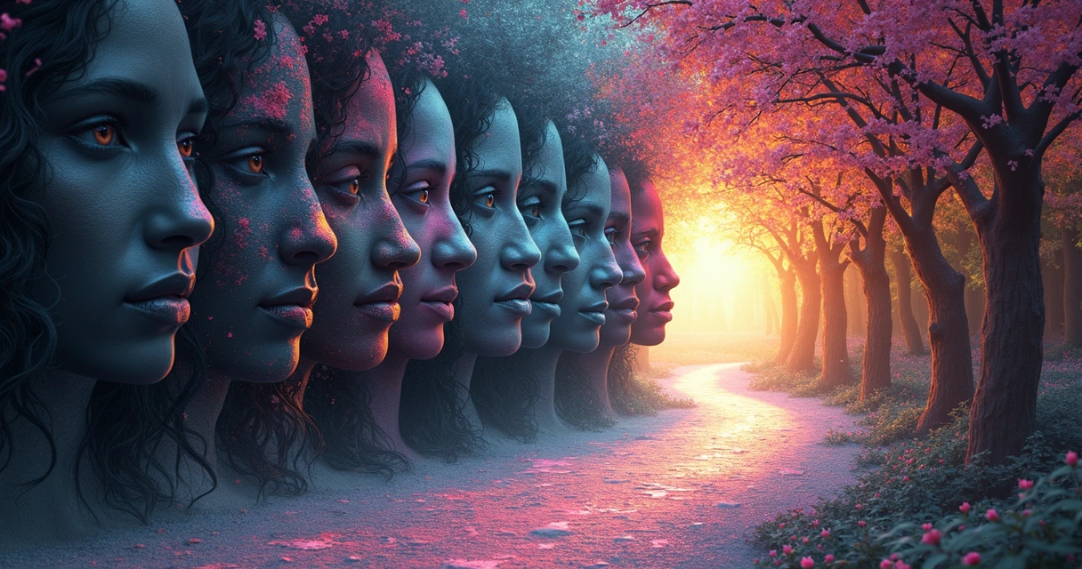 Mosaico de rostos em preto e branco se tornando coloridos à medida que seguem por um caminho de luz