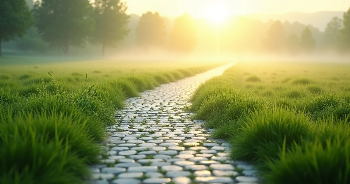 Caminho de pedras brancas em mosaico apontando para uma luz ao fundo. 