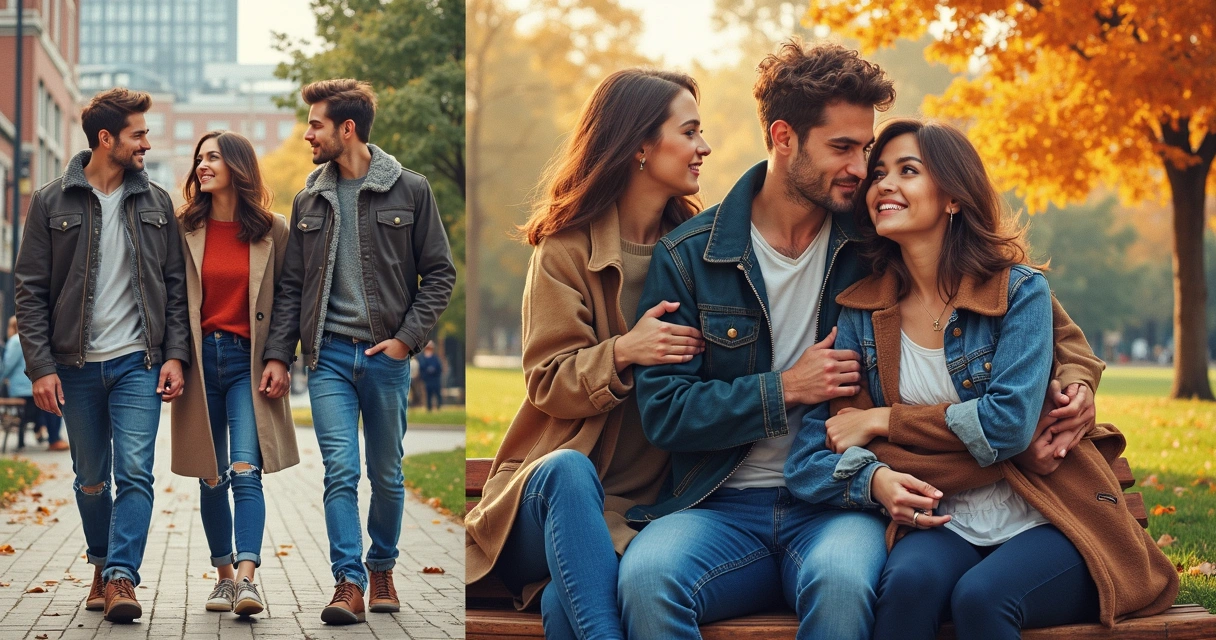 Mosaico com diferentes casais jovens em momentos afetivos diversos