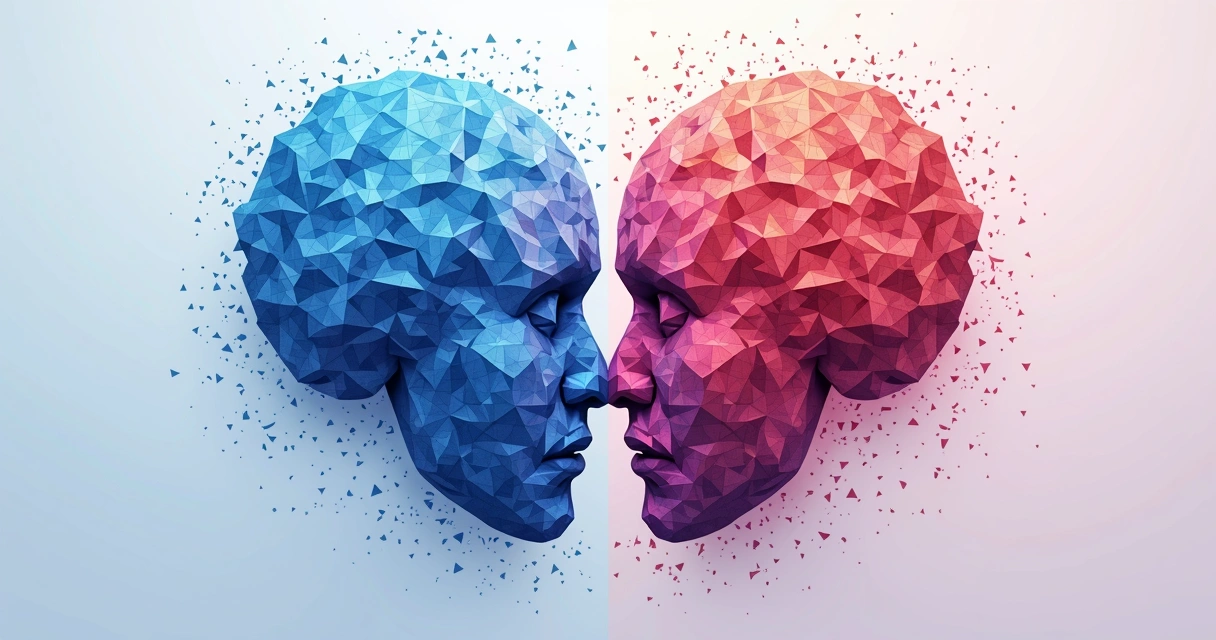 Mosaico mostrando formas abstratas em azul e vermelho representando cérebro e coração lado a lado. 