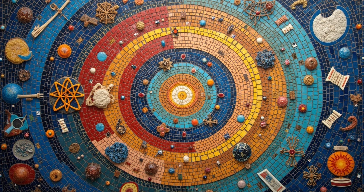 Mosaico colorido unindo ciência e fé 