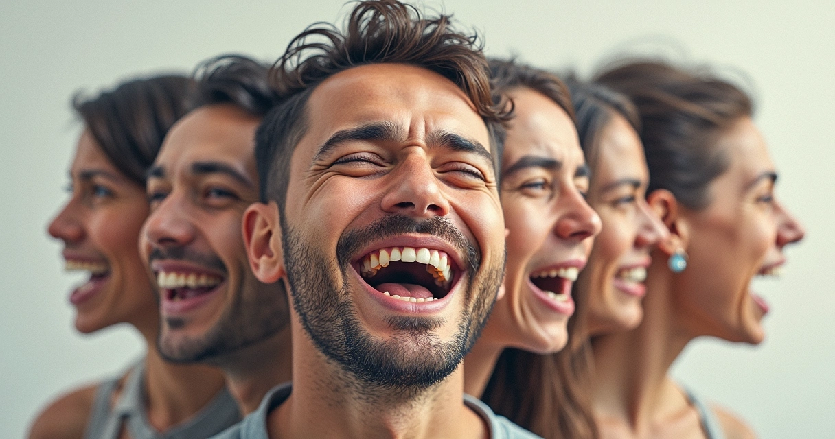 Mosaico de rostos com expressões divididas entre alegria e dúvida, em fundo sutil e neutro