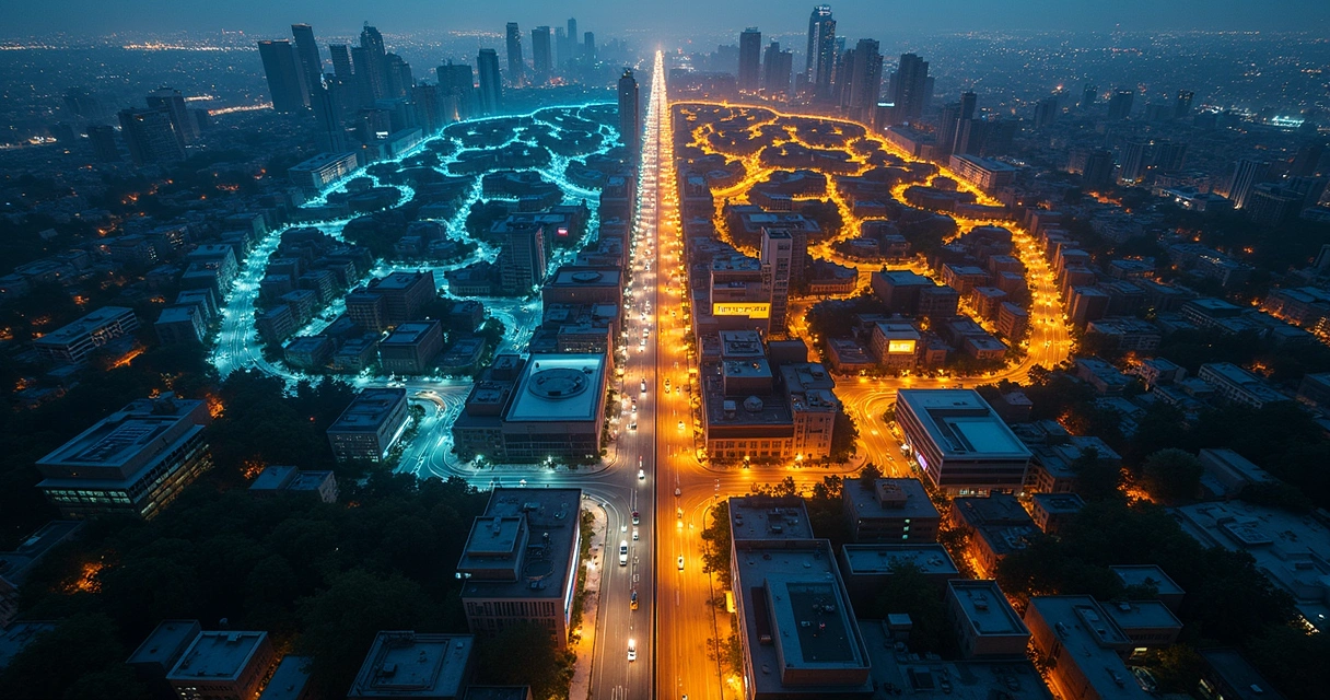 Cidade vista de cima formando um mosaico com padrões de cérebro humano e circuitos luminosos 
